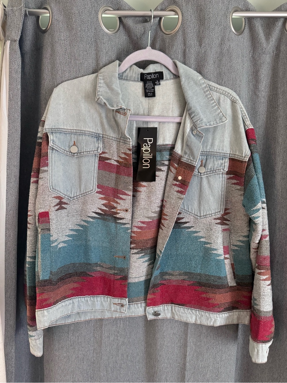 Papillon Southwestern-Print Denim Jacket in Light Blue, Teal & Red